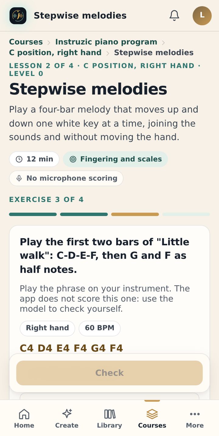 The Instruzic web app on a phone during the lesson “Stepwise melodies”: the instruction “Play the first two bars of Little walk”, the right hand and a tempo of 60