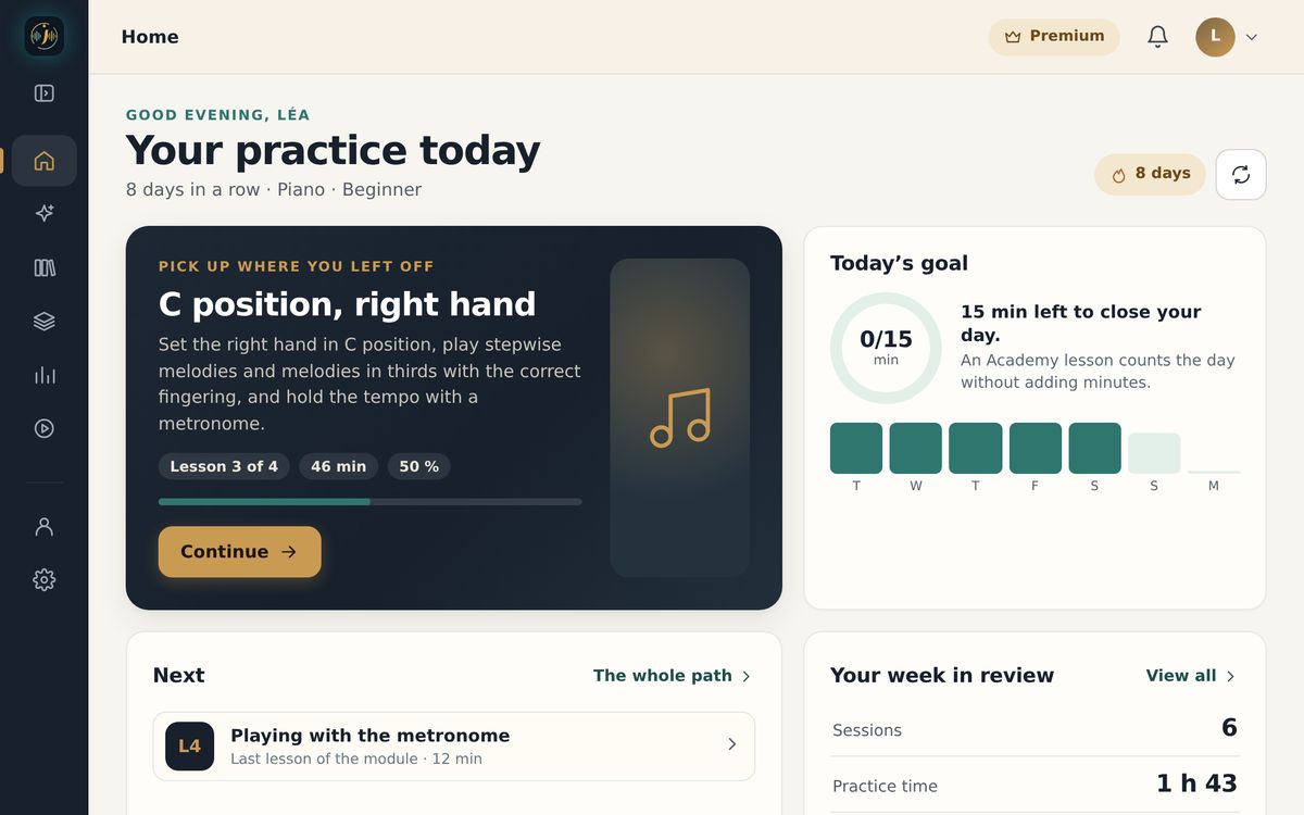 Léa’s dashboard in the Instruzic web app: “Your practice today”, an 8-day streak, the lesson to resume “C position, right hand” with the Continue button, and the weekly summary