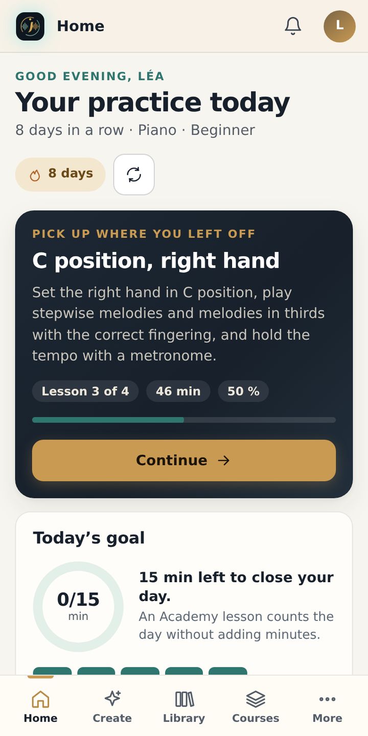 Dashboard on a phone: “Your practice today”, an 8-day streak and the lesson to resume with the Continue button