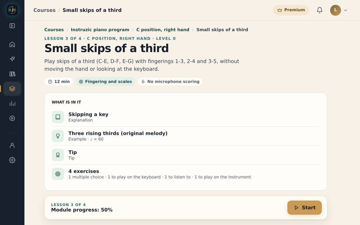 The lesson “Small skips of a third” in the web app: its goal, its outline (explanation, example, tip, four exercises) and the Start button