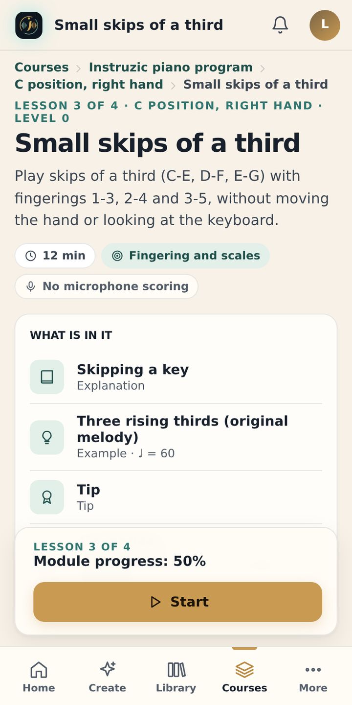 The lesson “Small skips of a third” on a phone: goal, outline and Start button