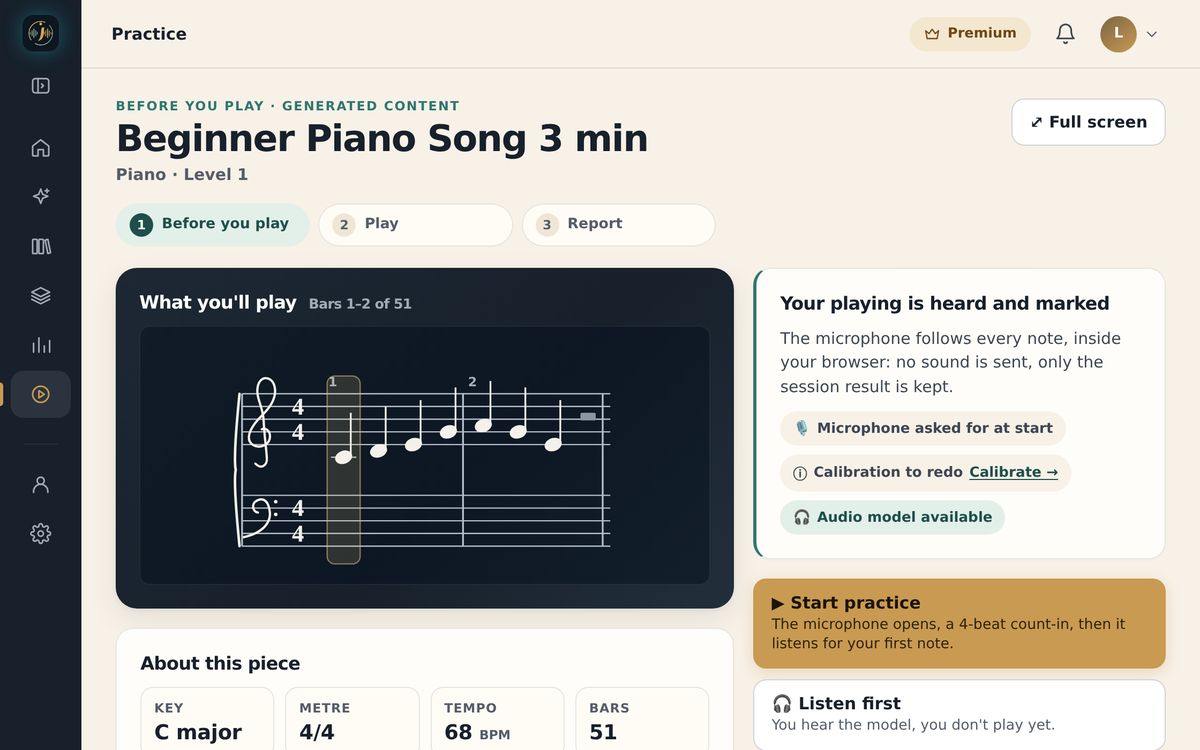 Practice screen in the web app before playing: the piece’s sheet music, “Your playing is heard and marked”, the microphone allowed and the Start practice button