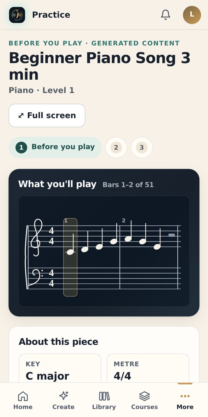 Practice screen on a phone before playing: the title of the piece and its sheet music