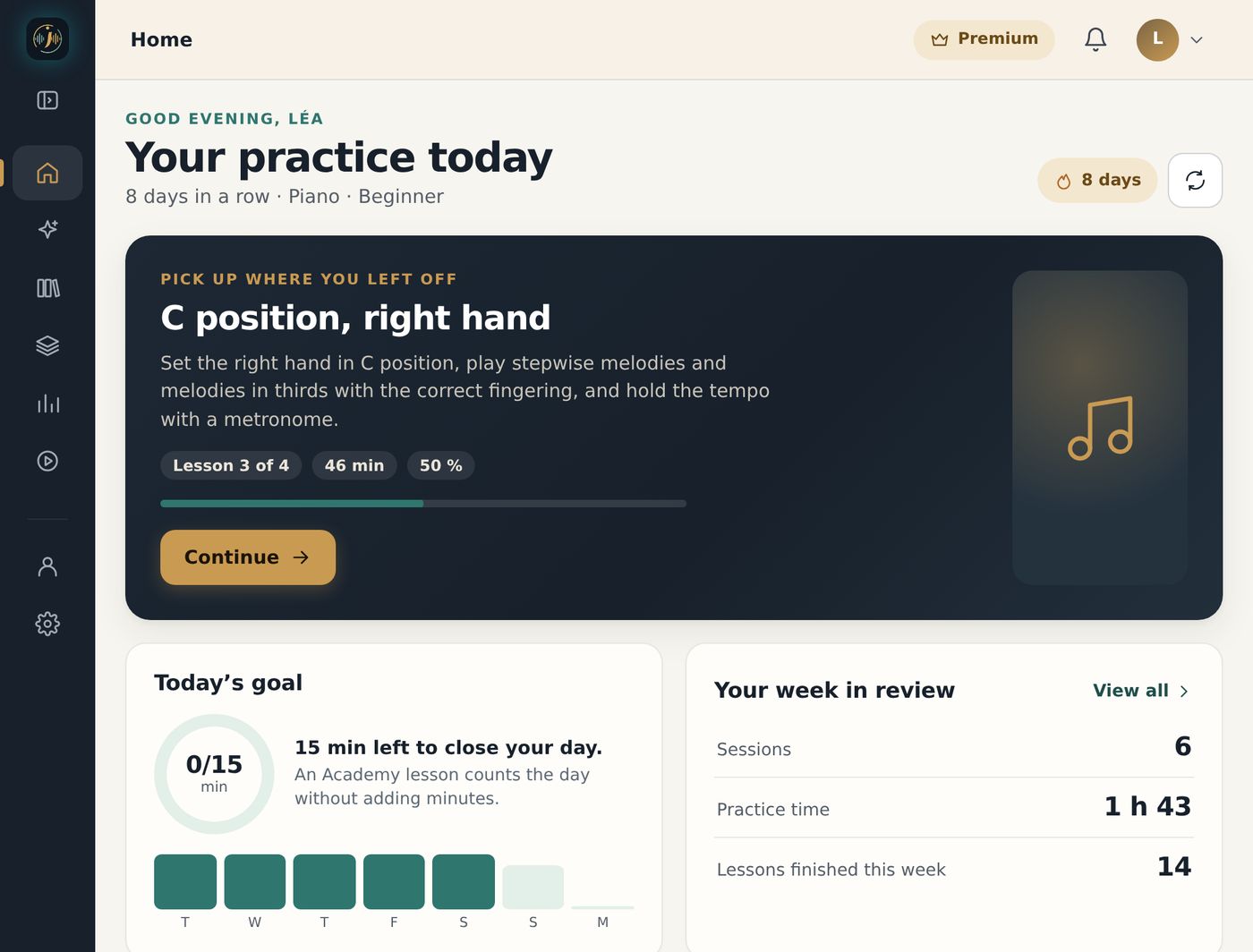 Instruzic web app, Léa’s dashboard: “Your practice today”, an 8-day streak, the lesson to resume “C position, right hand”, the weekly summary and the goal for the day