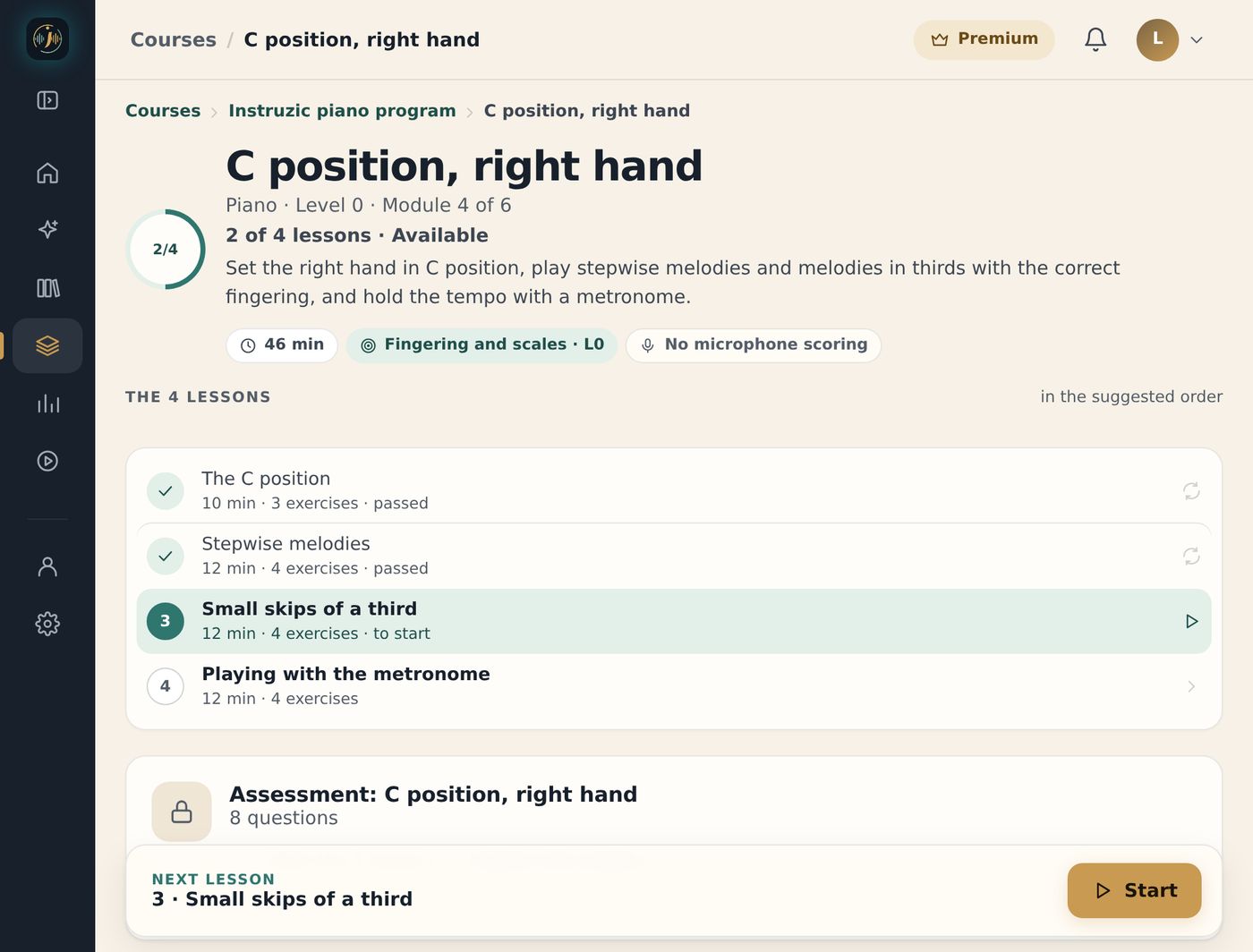 Instruzic web app, the “C position, right hand” module of the piano program: two of four lessons passed, the next lesson and the module assessment