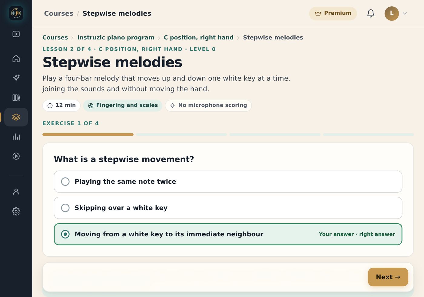 Instruzic web app during the lesson “Stepwise melodies”: the question “What is a stepwise movement?” and the chosen answer marked “Your answer · right answer”