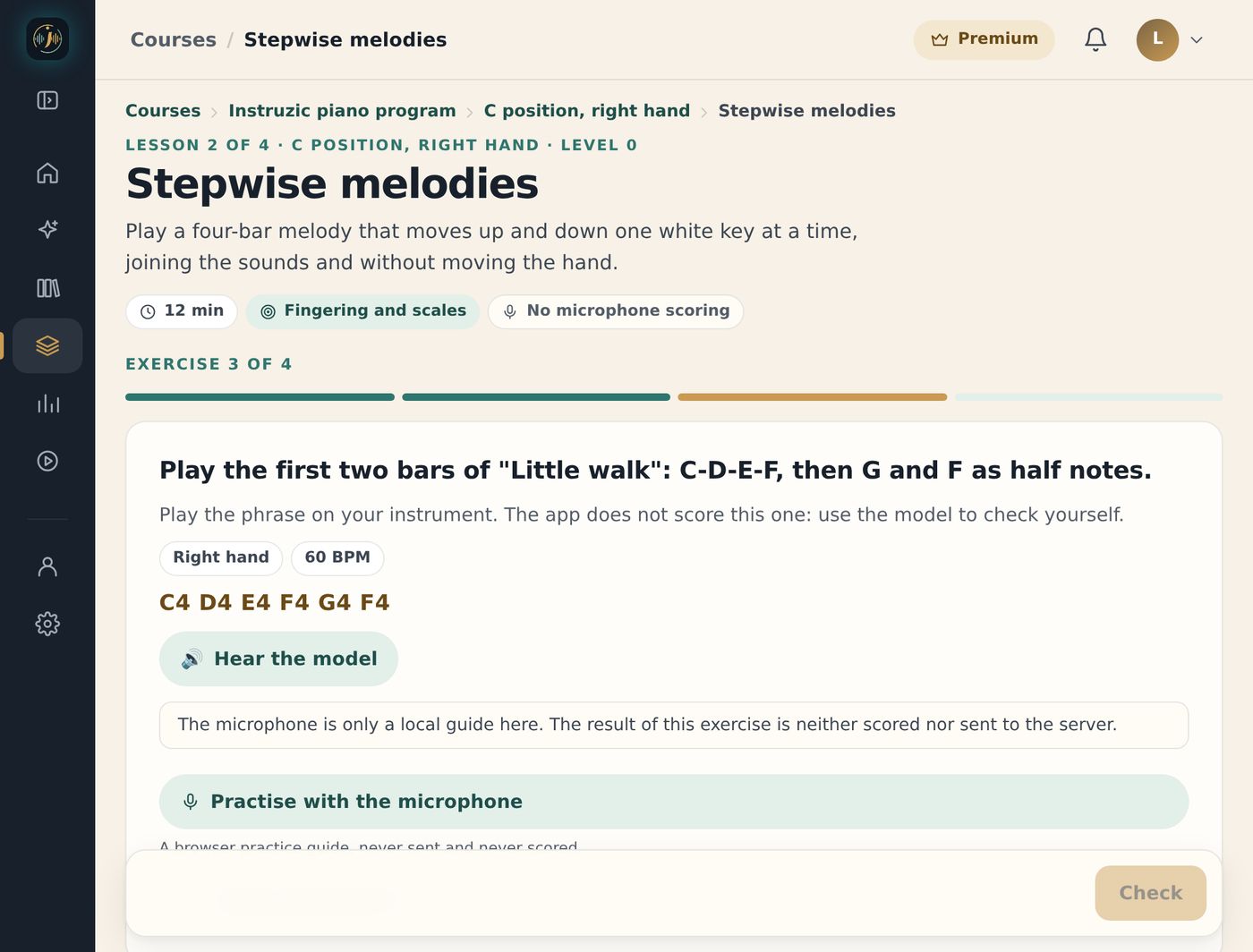 The Instruzic web app during the lesson “Stepwise melodies”: the instruction “Play the first two bars of Little walk”, the notes C D E F G F, Hear the model and Practise with the microphone
