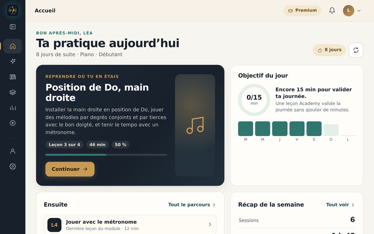Tableau de bord de Léa dans l’application web Instruzic : « Ta pratique aujourd’hui », une série de 8 jours, la leçon à reprendre « Position de Do, main droite » avec le bouton Continuer, et le récapitulatif de la semaine