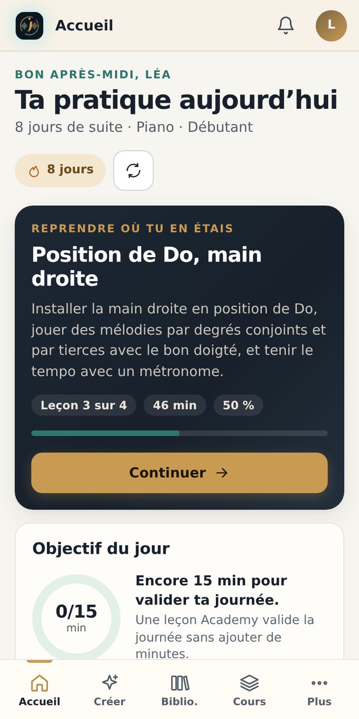 Tableau de bord sur téléphone : « Ta pratique aujourd’hui », une série de 8 jours et la leçon à reprendre avec le bouton Continuer