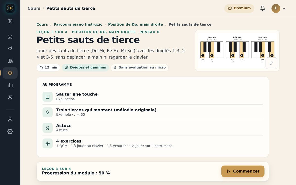 Leçon « Petits sauts de tierce » dans l’application web : son objectif, son programme (explication, exemple, astuce, quatre exercices) et le bouton Commencer