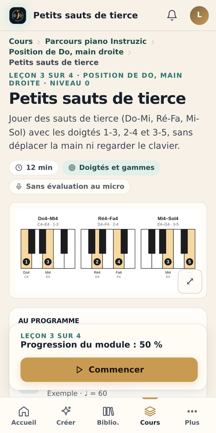 Leçon « Petits sauts de tierce » sur téléphone : objectif, programme et bouton Commencer