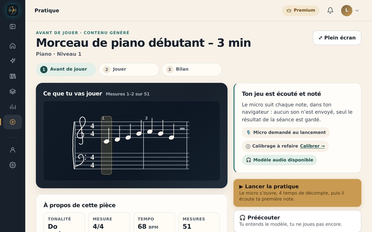 Écran Pratique de l’application web avant de jouer : la partition du morceau, « Ton jeu est écouté et noté », le micro autorisé et le bouton Lancer la pratique
