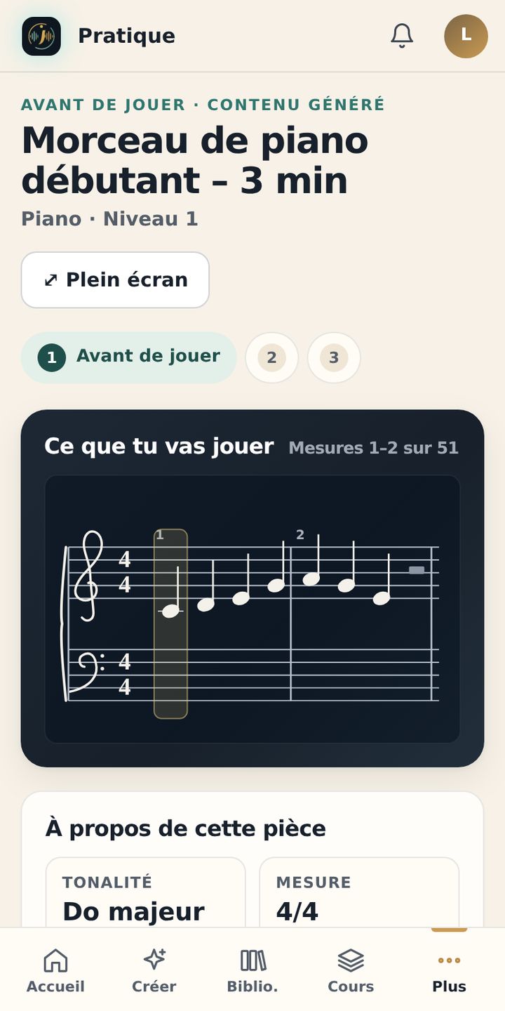 Écran Pratique sur téléphone avant de jouer : le titre du morceau et sa partition