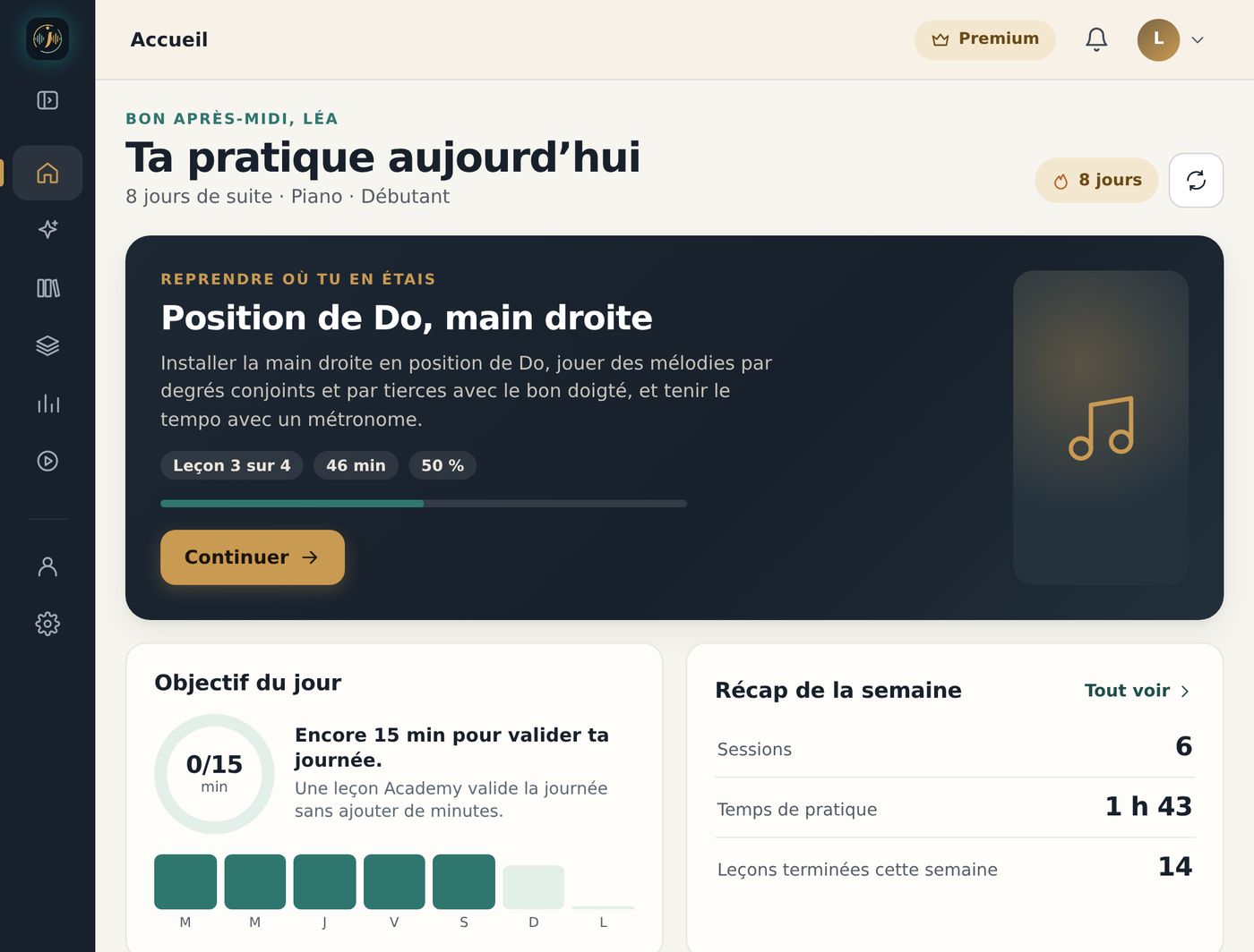 Application web Instruzic, tableau de bord de Léa : « Ta pratique aujourd’hui », une série de 8 jours, la leçon à reprendre « Position de Do, main droite », le récapitulatif de la semaine et l’objectif du jour