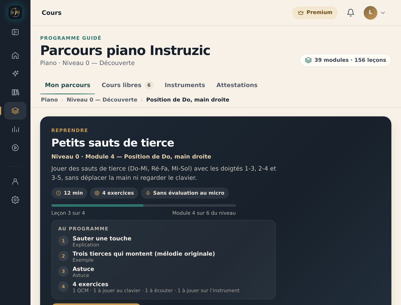 Application web Instruzic, écran Cours : le parcours piano (39 modules, 156 leçons), la leçon à reprendre « Petits sauts de tierce » avec son programme, et le module en cours, deux leçons sur quatre