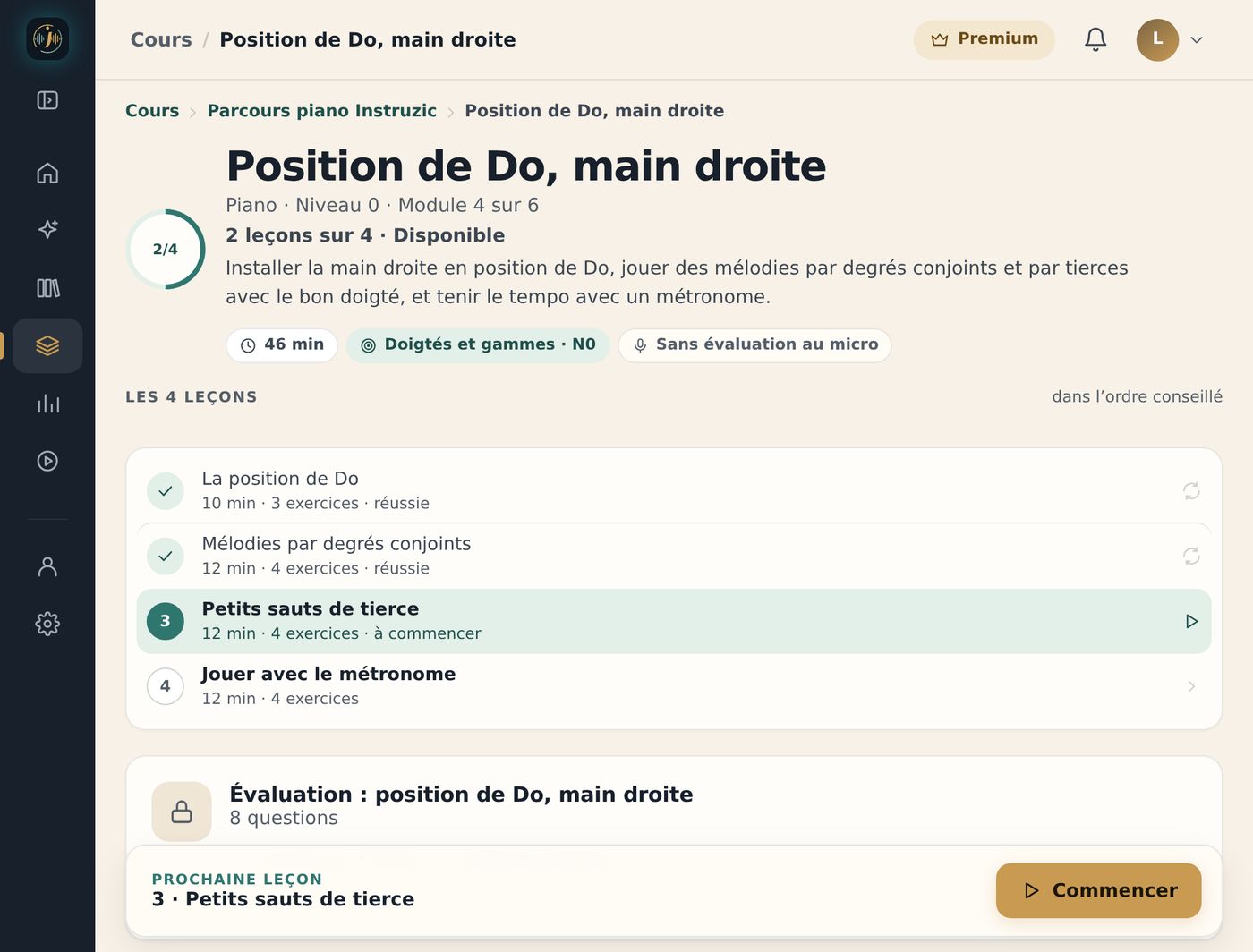 Application web Instruzic, module « Position de Do, main droite » du parcours piano : deux leçons réussies sur quatre, la leçon suivante et l’évaluation du module