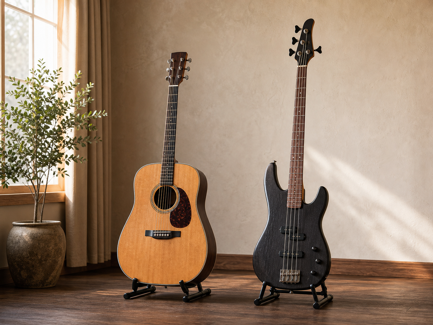 Guitare acoustique et basse électrique sur leurs supports