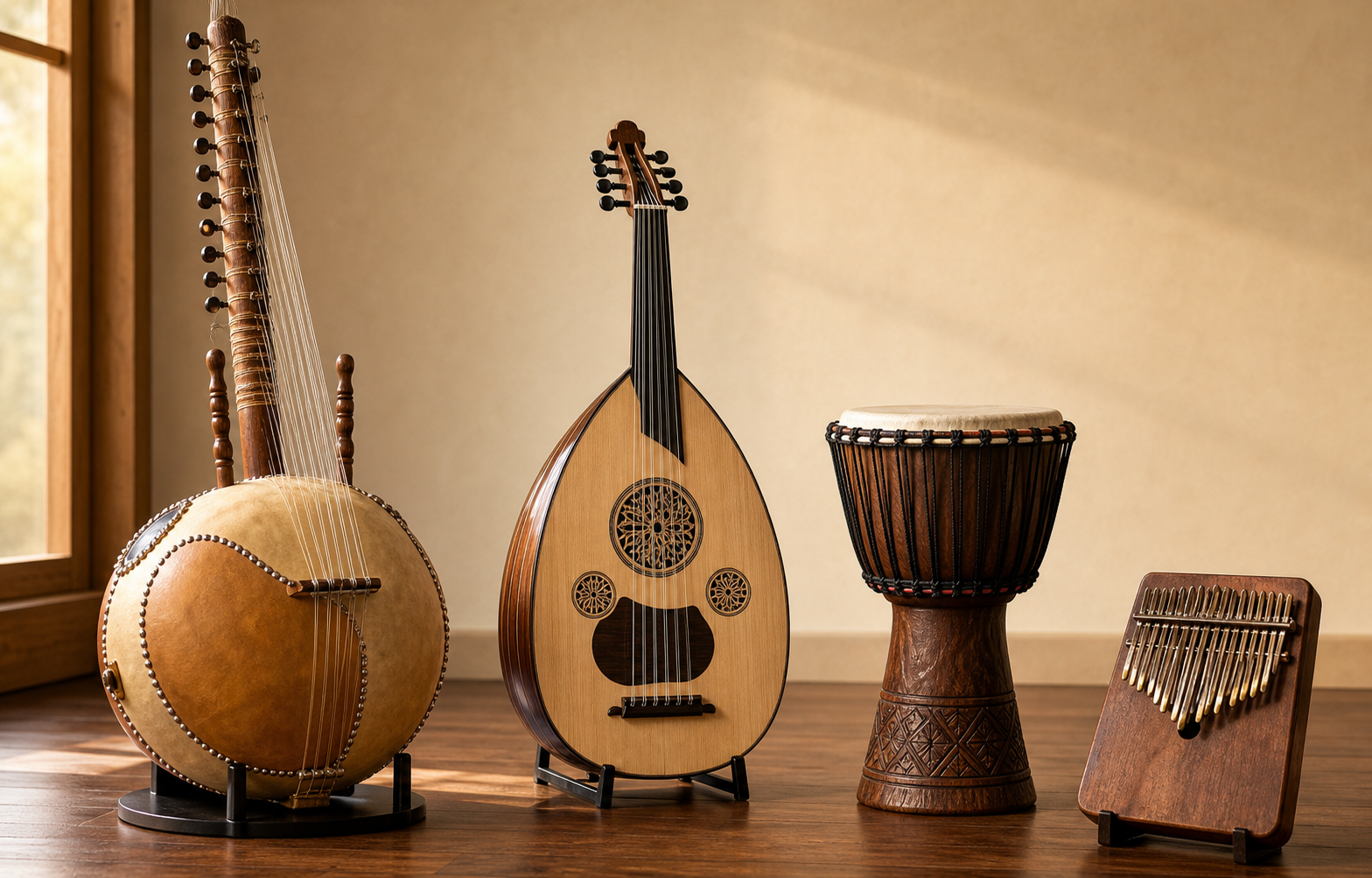 Kora, oud, djembé et kalimba réunis dans un studio