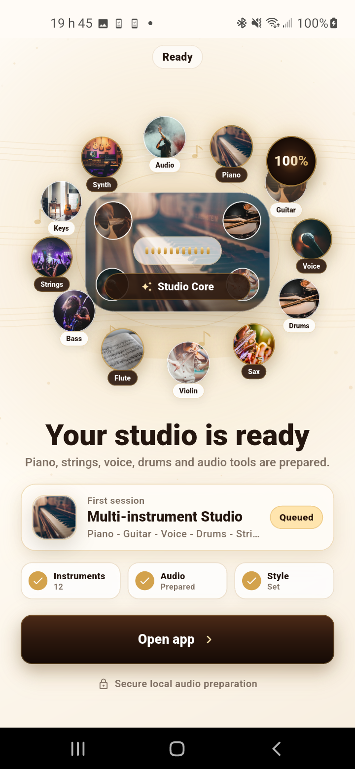 Studio multi-instrument prêt dans l’application Intruzic